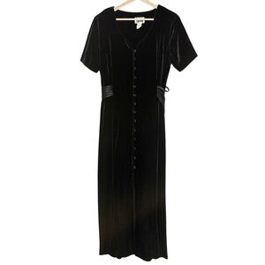 RJ & Co VTG Black Velvet Button Front Satin Detail Maxi Dress Size 12 WhimsiGoth